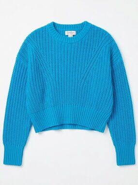 Jessica Simpson Blue Cropped Cable Knit Sweater Top Size Large Cozy Comfy